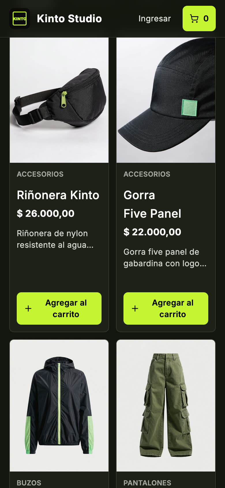 Tienda de ejemplo Kinto Studio, de ropa urbana, en negro y verde lima